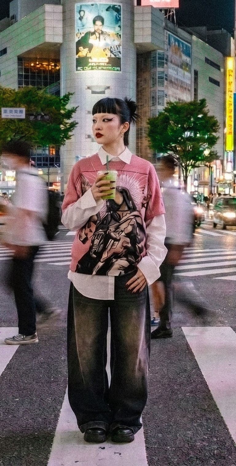 A woman holding a matcha drink, standing still in a busy nighttime crosswalk