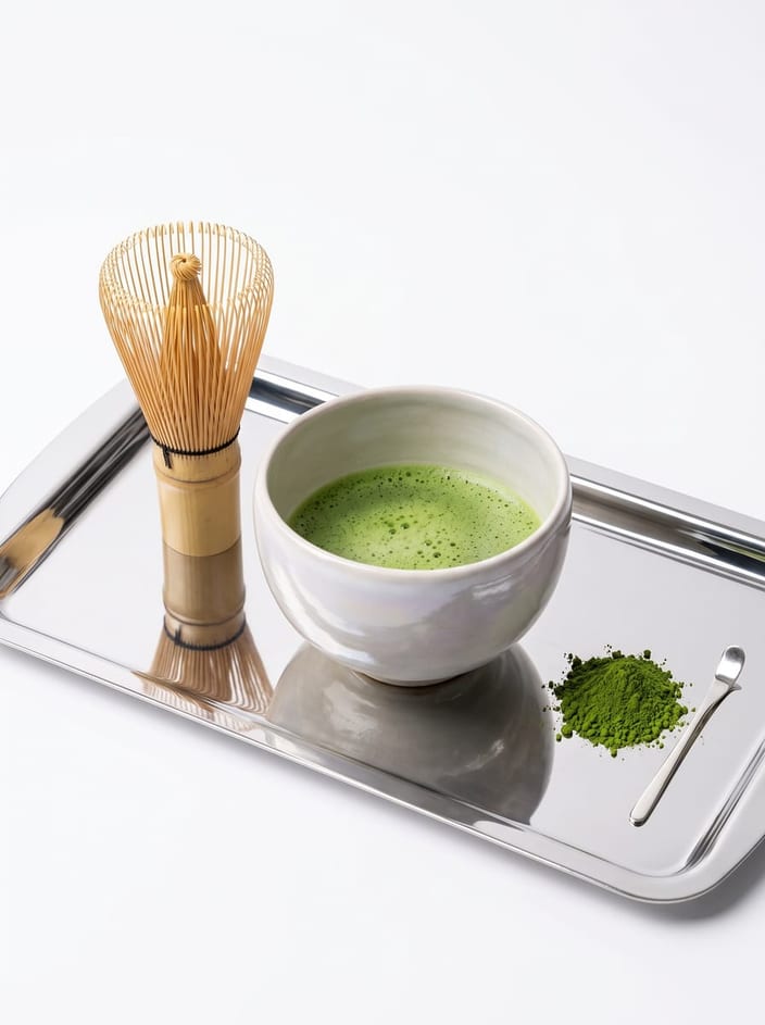 Whisk, bowl of prepared matcha, powder, and spoon on a silver tray
